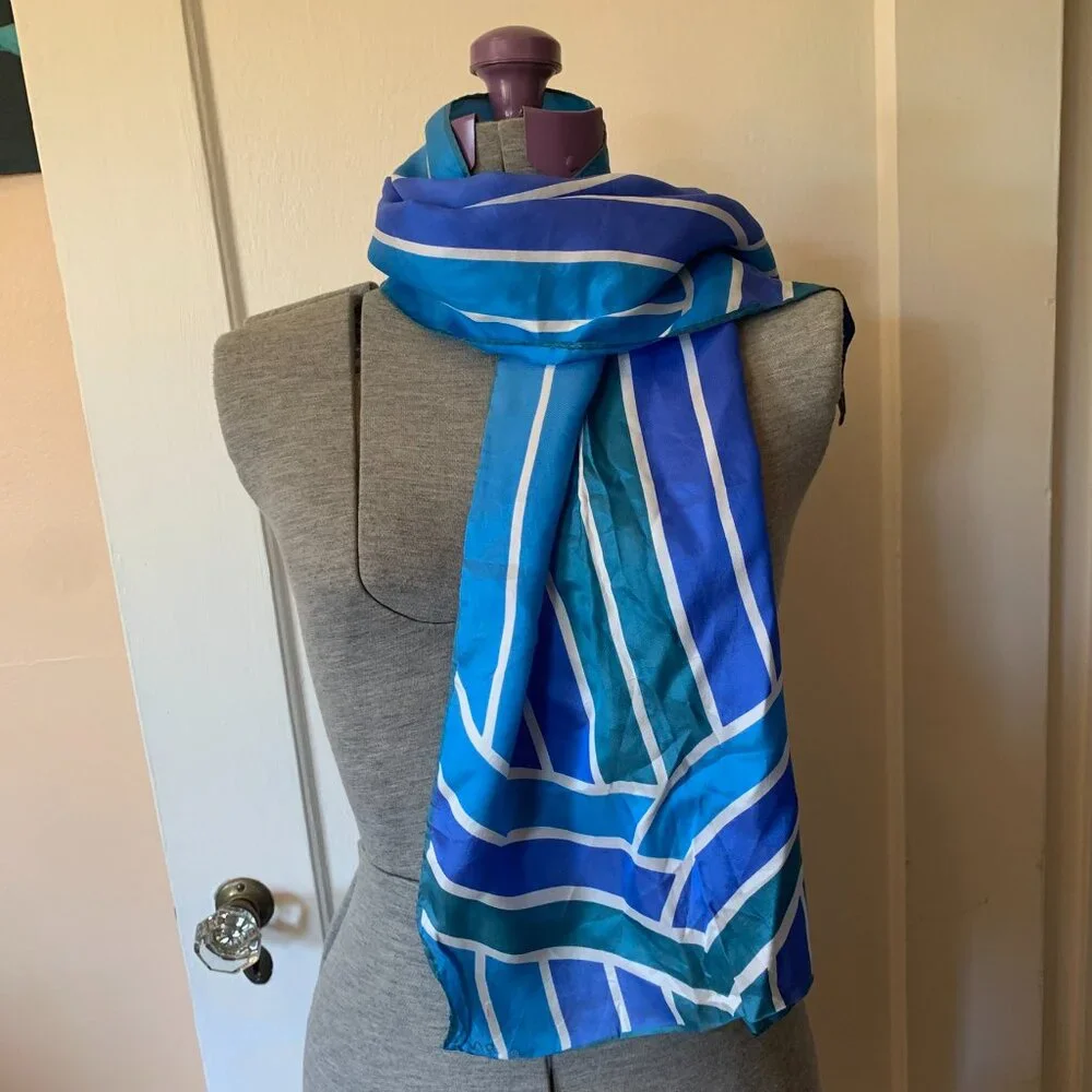 Scarves by Vera Blue Geometric Striped Silk Rayon Scarf‎ Japan